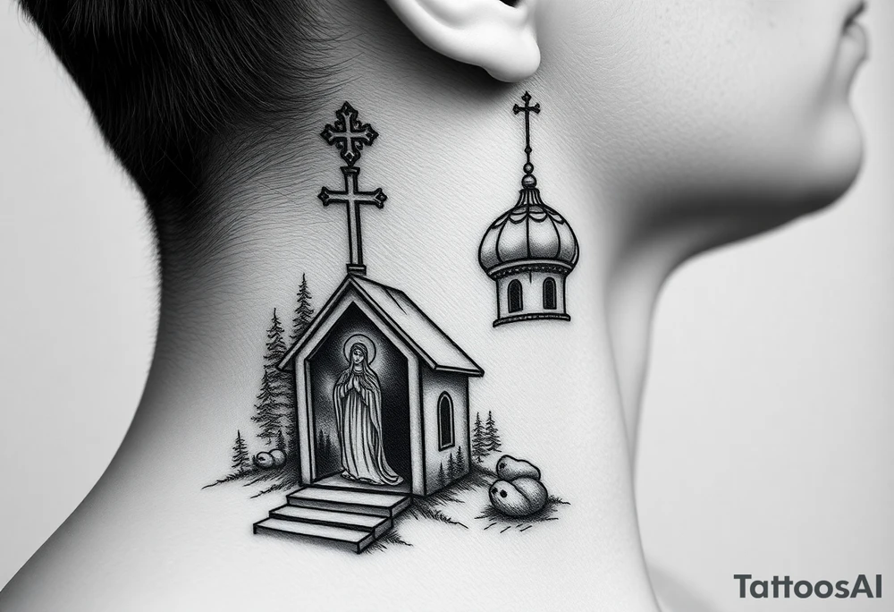 russian design traditional christian orthodox cross with a virgin mary stood beside the entrance of a russian orthodox dome church on the side of the neck in a wilderness setting with the design spread out the side of the neck tattoo idea
