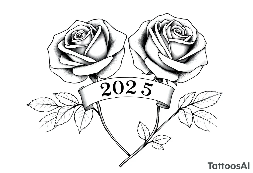 two beautiful large rose buds, one larger than the other, with many leaves next to the rose buds, with one sitting higher than the other. Include a banner connecting the two roses with the year "2025" on it.   Use dark outlines with little shading. The two stems should be short, not long, and connect and join into one stem, whimsically curved or twisted - not straight down. tattoo idea