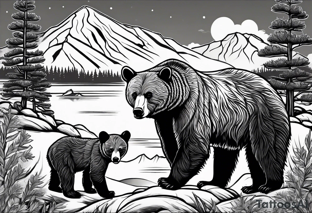 mamma bear and cub with mountains tattoo idea