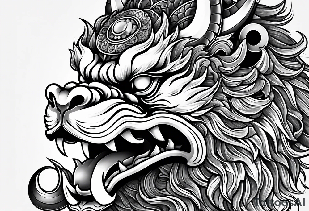 foo dog, powerful, with three eyes, coins around him tattoo idea