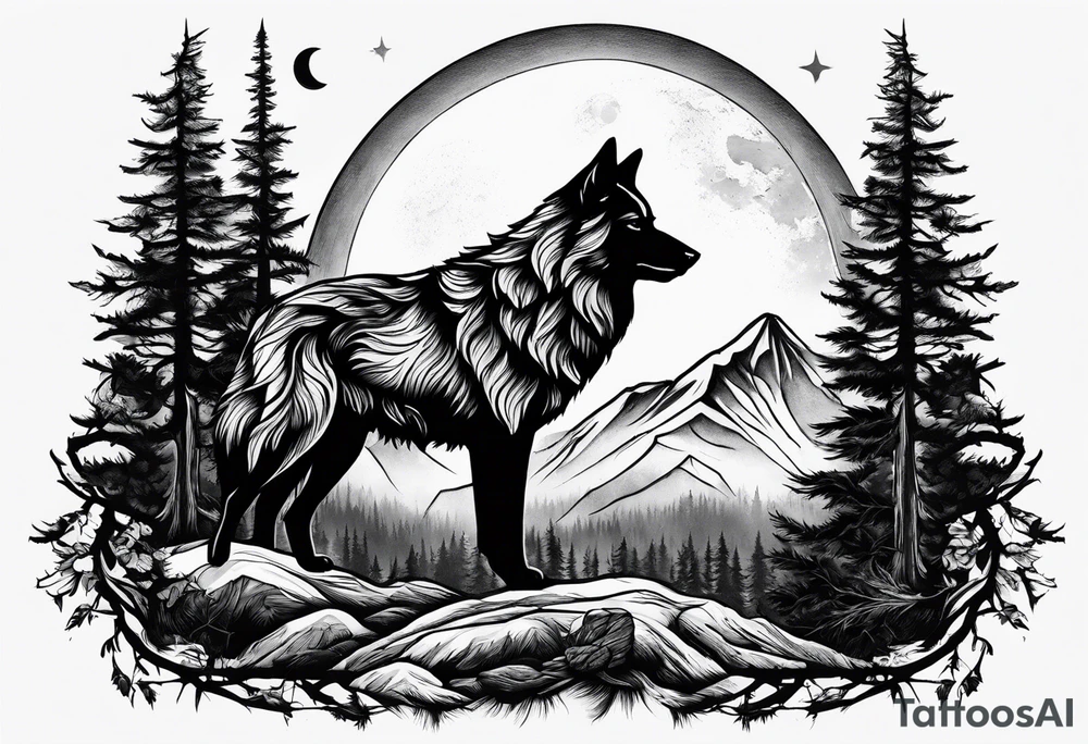 Mountain peaks
Two wolves
Moon
Dark woods
Trail tattoo idea