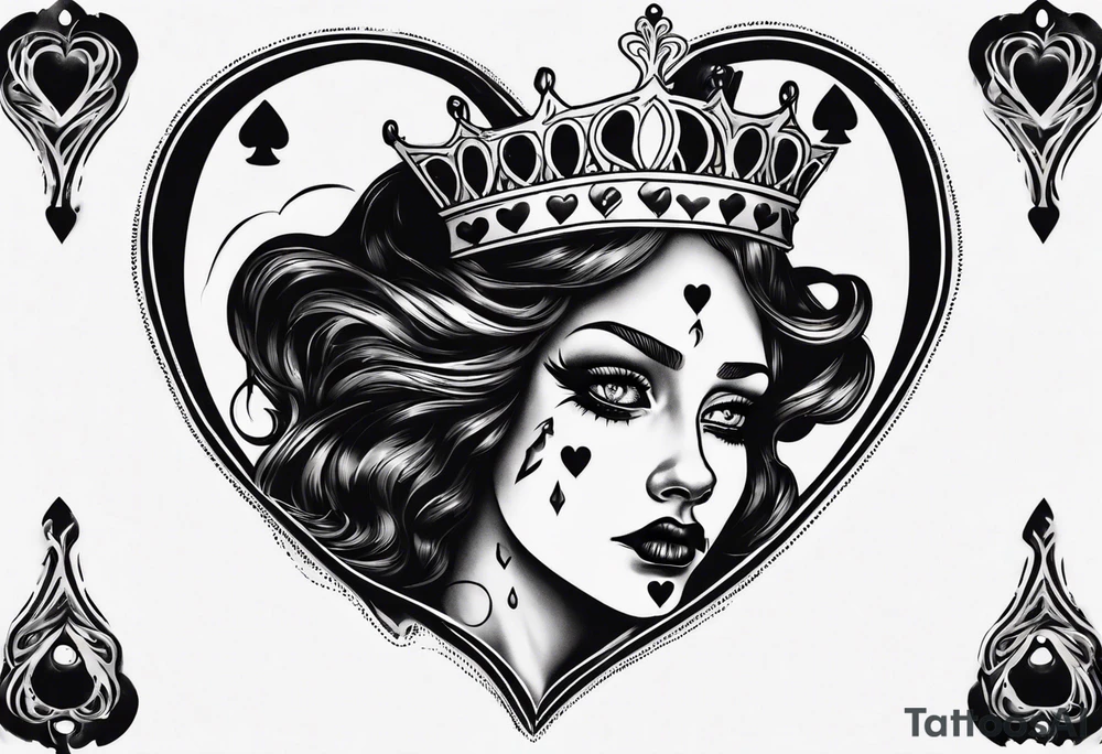 queen of hearts crying black tears, with blank eyes tattoo idea