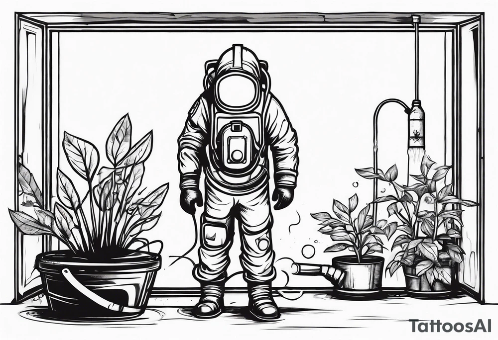 chernobyl radiation suit with cleaning tank spraying a plant tattoo idea