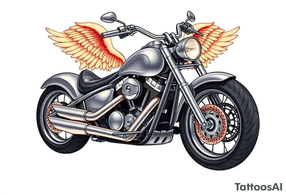 Low rider grey motorcycle, big muffler pipes with flames, angel wings, driving away, no person tattoo idea