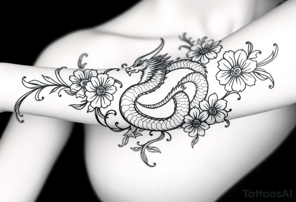 un dragon central entouré de fleurs de style avec des ombrages dans un style assez fin tattoo idea