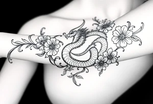 un dragon central entouré de fleurs de style avec des ombrages dans un style assez fin tattoo idea