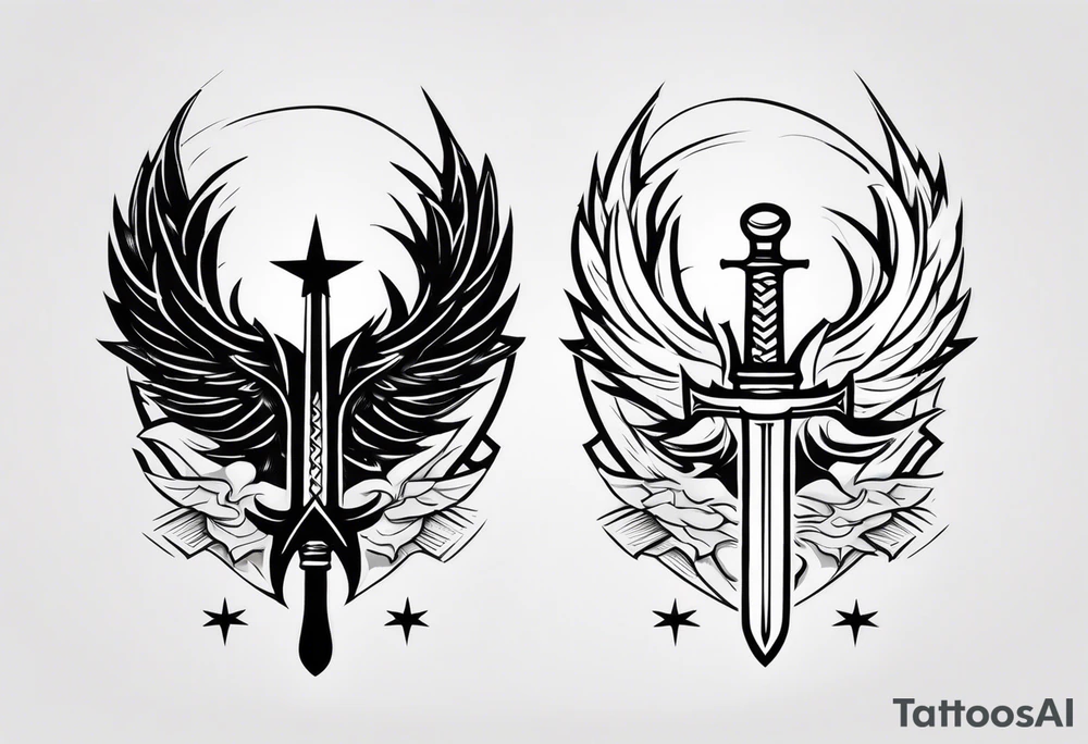 complete upper arm sleeve. Feature three mountain side by side, with 3 stars above them crossed sword patterns that evoke the Valkyrie spirit. Keep the design in clean, simple lines. tattoo idea