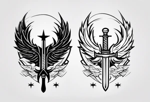 complete upper arm sleeve. Feature three mountain side by side, with 3 stars above them crossed sword patterns that evoke the Valkyrie spirit. Keep the design in clean, simple lines. tattoo idea