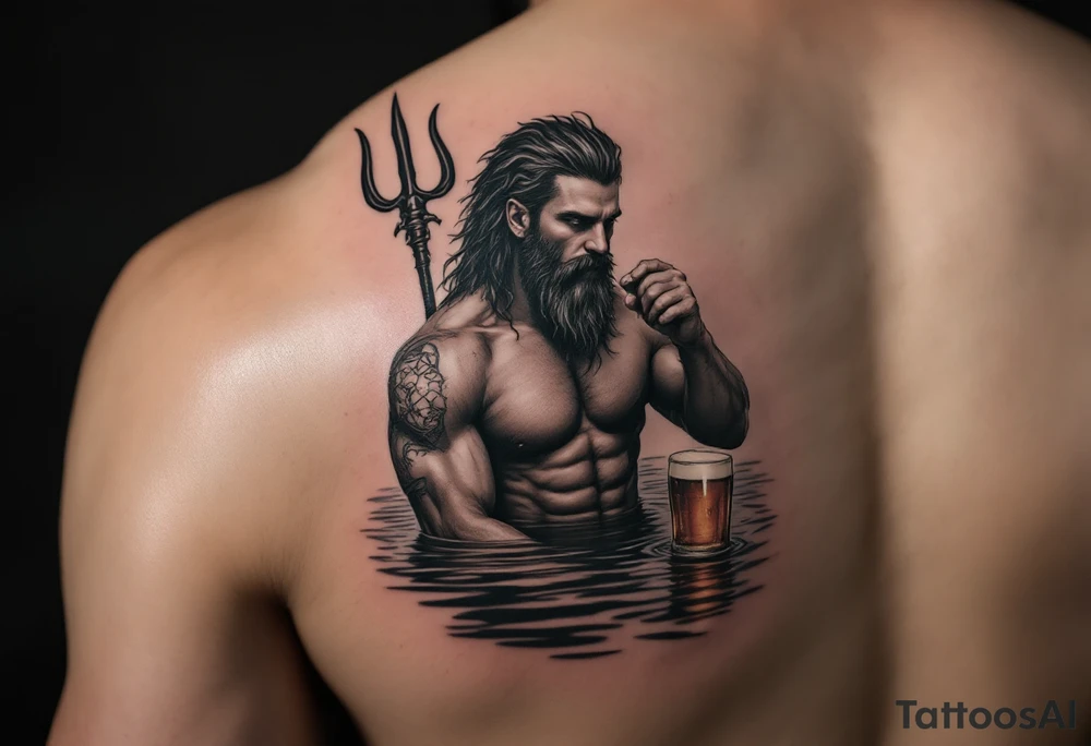 young, fit poseidon in calm water, holding a trident, drinking a beer, with foot on his bicep tattoo idea