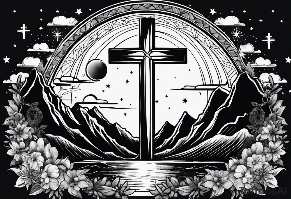 nature with mountains, waterfall, water, and a cross in the background and and moon/sun in the sky with stars tattoo idea