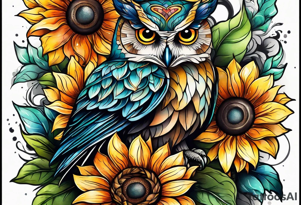 Leg sleeve with colorful sunflowers and an owl tattoo idea