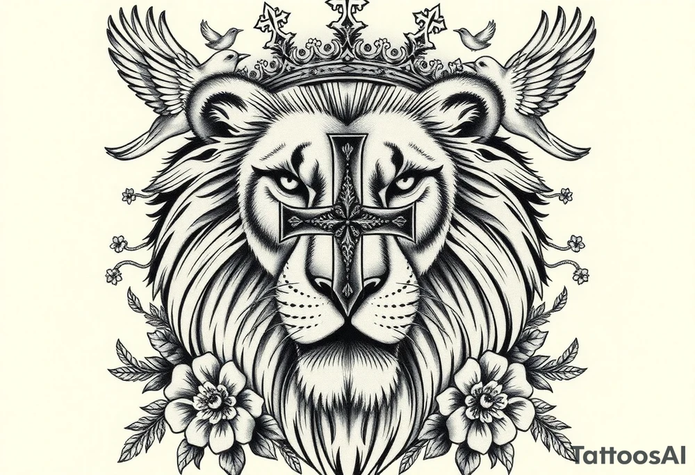 powerful majestic lion with a King crown, surrounded by floral oranaments and birds with a cross brought to backwards to seemingly fit and match. For the cross: the cross must be ion the middle of the crown lion through it's in the background (brounght backwards) but the horintal and vertical points can be seen outside thr crown lion. The cross must be bigger than the crown lion. Howver in the background (covered by the lion) exect the horixontal and verytical points tattoo idea