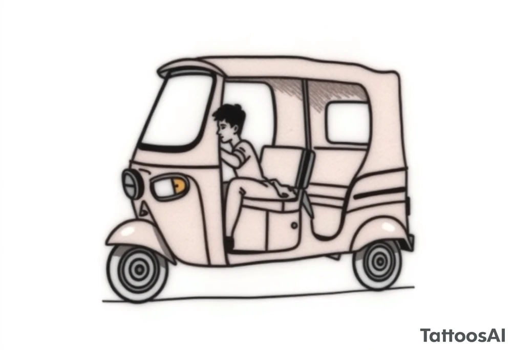 Create a simple tuk tuk. Add a boy in the vehicle. Add a heart to indicate that the boy is in love. tattoo idea