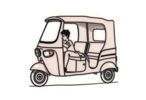 Create a simple tuk tuk. Add a boy in the vehicle. Add a heart to indicate that the boy is in love. tattoo idea