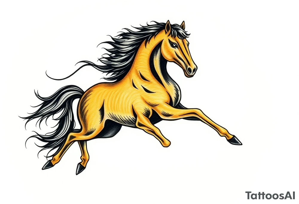 The tattoo represents a supernatural encounter with a golden horse with jet-black fur in the mountains of Choquequirao (Cusco, Peru). This mysterious, fleeting horse symbolizes strength, energy, and spiritual rebirth. It appeared at full speed, its hooves shaking the ground, its breath so powerful it drowned out all other sounds. The narrator felt no fear, only awe as the horse took a perfect curve, muscles tense, radiating power and grace. Its presence transformed the narrator, giving them the energy to complete an exhausting trek and leaving them with a profound connection to something greater. The tattoo aims to capture the essence of this moment: strength, speed, beauty, and the spirit of the mountain. For the design, consider drawing inspiration from Japanese tattoo art, known for its dynamic representation of animals like koi fish and dragons, emphasizing fluidity, movement, and symbolic power. tattoo idea