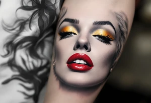 Realistic close-up of Marilyn Monroe face in grayscale with vivid red lips and golden eyeshadow. tattoo idea