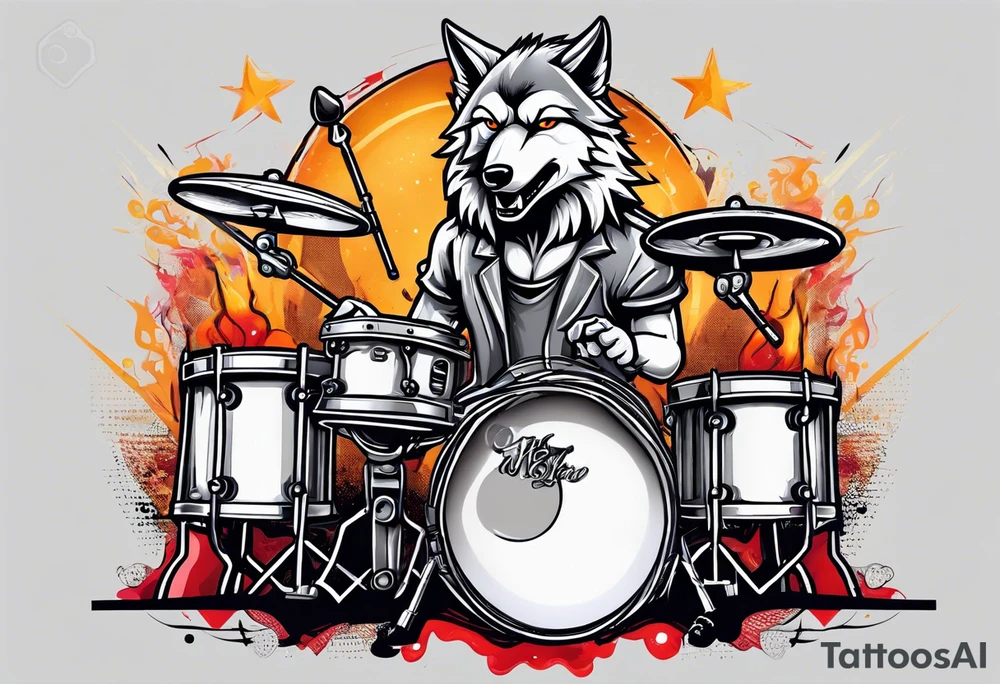 Wolf playing drum set tattoo idea