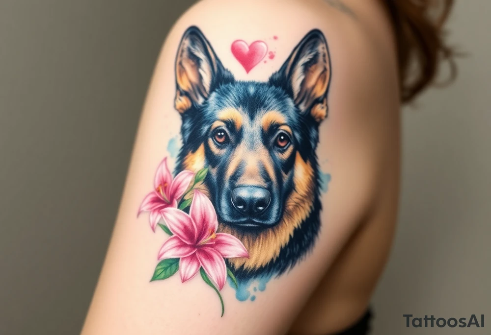 realistic german shepherd looking protective with pink lilies in front of a sacred heart tattoo idea
