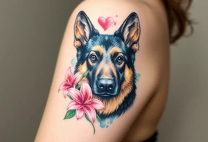 realistic german shepherd looking protective with pink lilies in front of a sacred heart tattoo idea