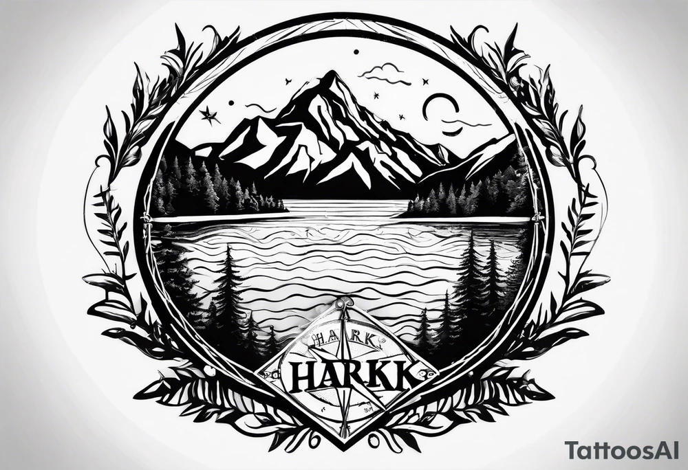 The word "HARK" as a banner with a mountain, a carabiner, compass, and a lake in a circular design tattoo idea