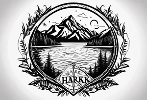 The word "HARK" as a banner with a mountain, a carabiner, compass, and a lake in a circular design tattoo idea