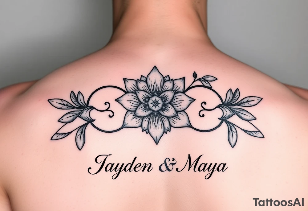January December july birth Flower infinity sign and the names Jayden Maya tattoo idea