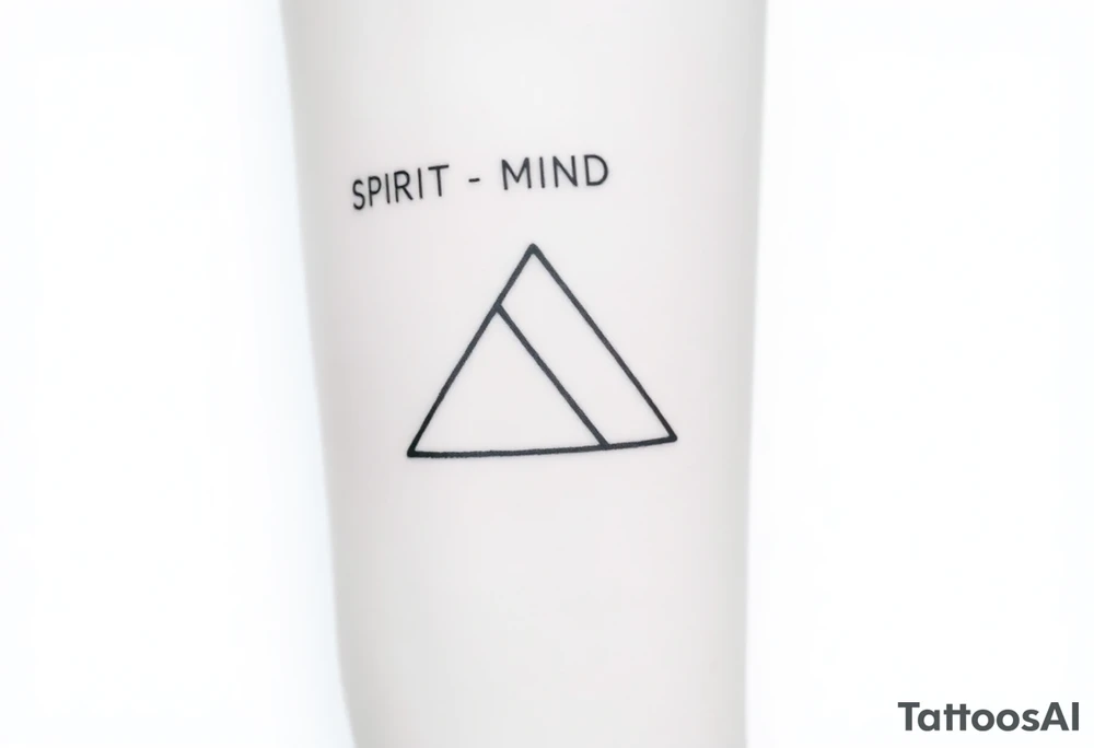 A minimalist tattoo of three interlocking triangles arranged in a way that forms a geometric symbol. Each triangle is thinly outlined and overlaps slightly. Above the design, the words 'SPIRIT,' 'MIND,' and 'BODY' are written in simple font, representing the connection between these three concepts. The tattoo is located on the inner forearm and is drawn in black ink on a light skin tone background. Without text!
three full triangles


Without text!
Without text!
Without text! tattoo idea