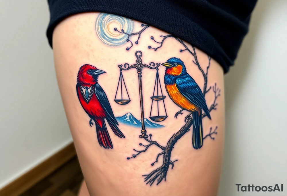 2 birds as the focus, 1 red bird in a suit, 1 navy blue bird with glasses, scales of justice in a tree, starry night painting and mountain background tattoo idea