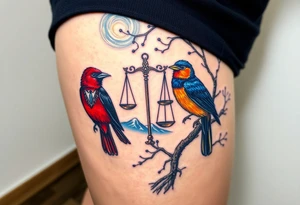 2 birds as the focus, 1 red bird in a suit, 1 navy blue bird with glasses, scales of justice in a tree, starry night painting and mountain background tattoo idea