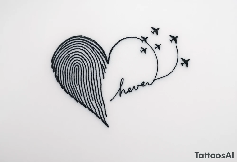 Two fingerprints merged into a heart shape, with the top right edge breaking away into a few small planes flying into the sky.

Signature Beneath the heart in the loved one’s handwriting flowing up into the heart

Take the first image and refine it. The line at the end of the signature should flow upward, creating the right side of the heart and flows into a planes design tattoo idea