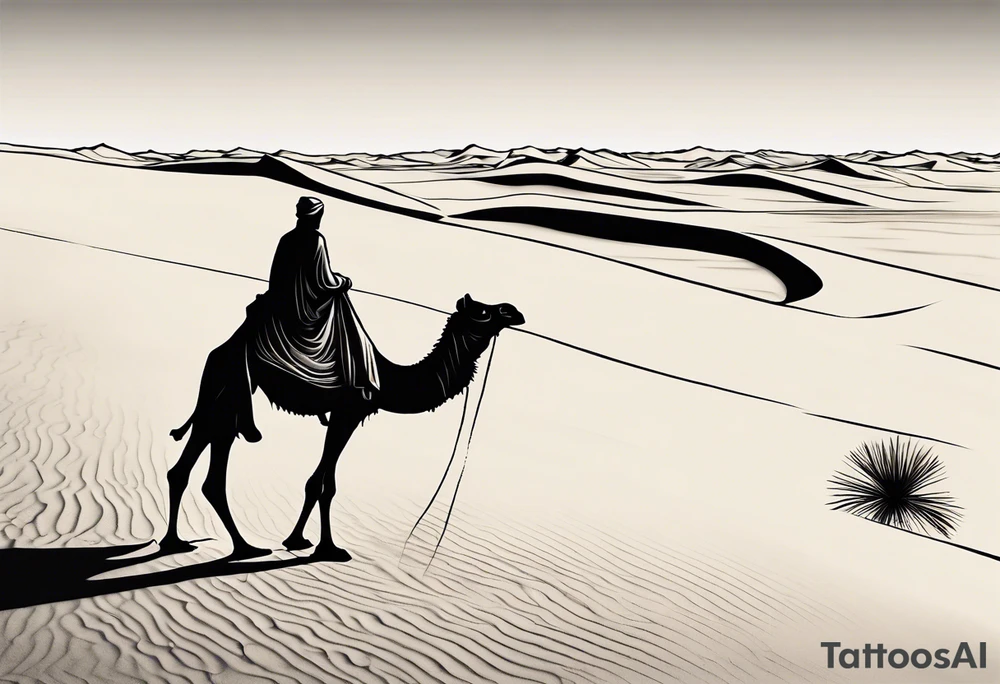 "Design a tattoo depicting a distant view of a vast desert landscape with low, undulating sand dunes. Capture a man and his camel moving away, leaving footprints in the sand, both resilient against the harsh environment. The man covers his face with a long cloth, adding a sense of mystery and solitude to the scene." tattoo idea
