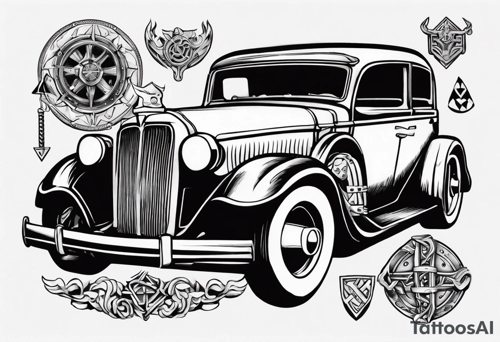 A Viking building a vintage car tattoo idea