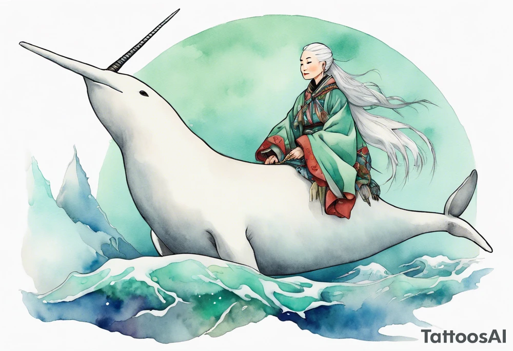 a 45-year-old Sami woman with white  hair wearing a white and mint cloak riding on the back of a narwhal tattoo idea