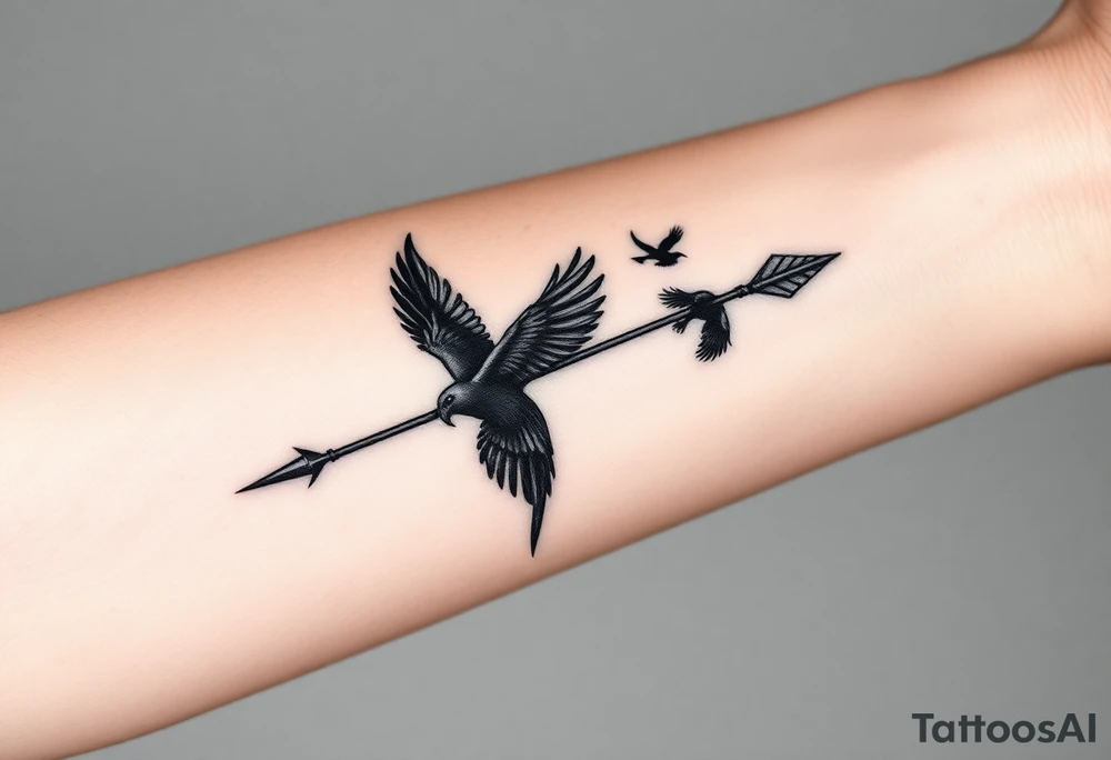 bow and arrow made from raven feathers with ravens flying out from it in a shadowy way, dark fantasy theme tattoo idea