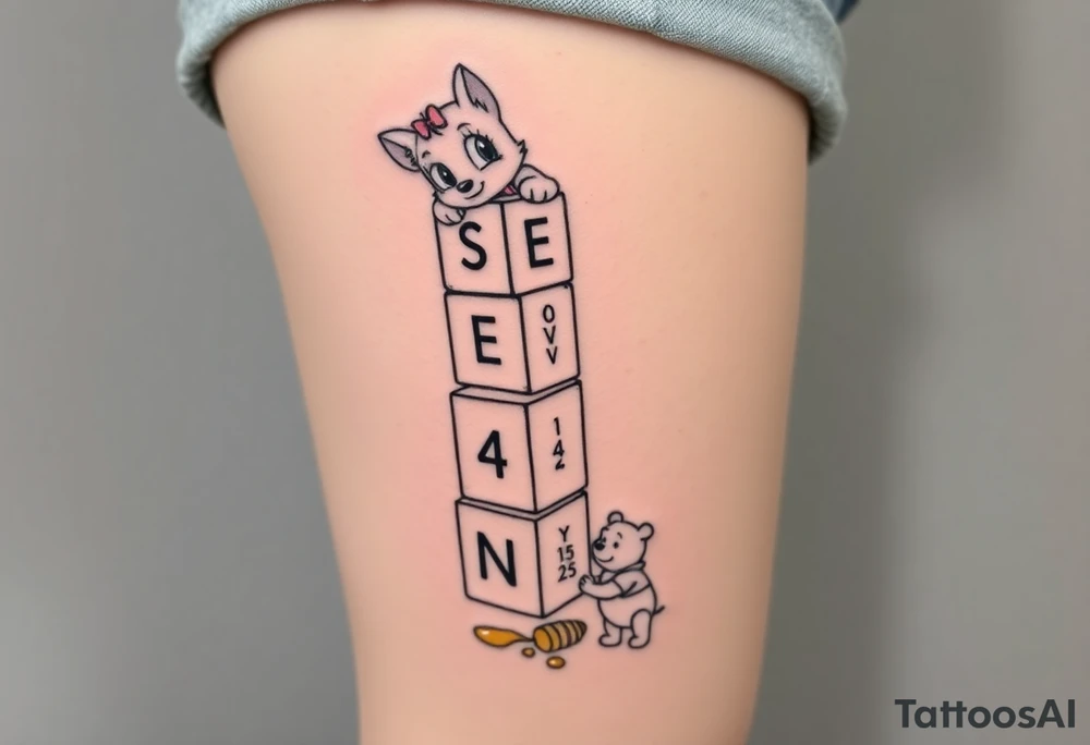 a thigh tattoo with alphabet blocks going down vertically stacked crooked on the alphabet blocks,the name S E V Y N is alternated on the sides of all five blocks and 07 14 25 is alternated on the other sides of the blocks as well and on the top of the blocks Marie from the Aristocats peeking looking showing her eyes, and her bow on her head and her front pause and then on the bottom block Winnie the Pooh standing on the ground, reaching up on the block for the honey that’s spilling off the side and on the left side then not on the blocks to say 6 ounces 12 pounds 20 inches all lined up in a column going vertically starting with the 6 ounces 12 pounds and 20 inches in that order and then on the right side, not touching the blocks to say 3:51 AM. tattoo idea