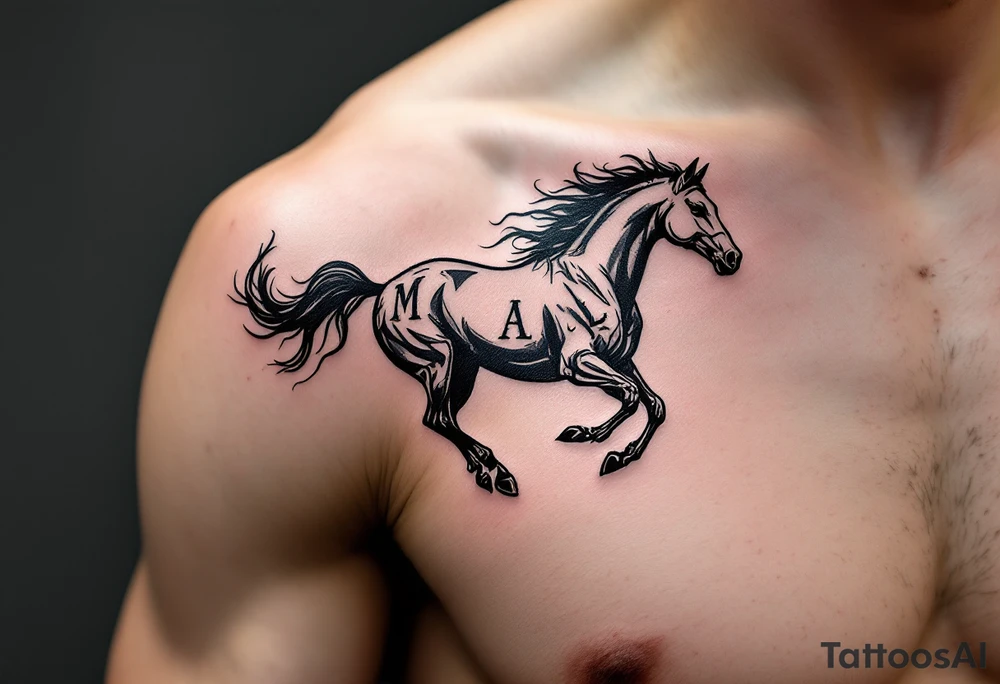 horse silhouette 
from the front which gallops from the front, with the 3 small letters discreetly integrated: M, A, L tattoo idea