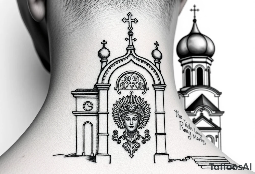 medium sized Russian orthodox church with bulb domes with a prominent russian orthodox coat of arms & virgin mary tattoo idea