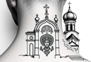 medium sized Russian orthodox church with bulb domes with a prominent russian orthodox coat of arms & virgin mary tattoo idea