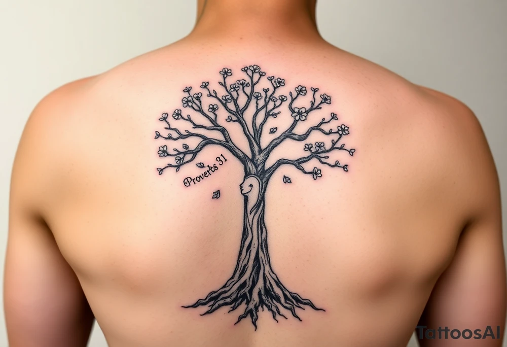 back tattoo with proverbs 31 with tree of life woman tattoo woman’s body as the trunk with no head  with roots and branches from neck with  small flowers from a few branches tattoo idea