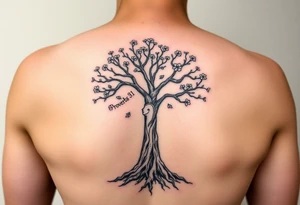 back tattoo with proverbs 31 with tree of life woman tattoo woman’s body as the trunk with no head  with roots and branches from neck with  small flowers from a few branches tattoo idea