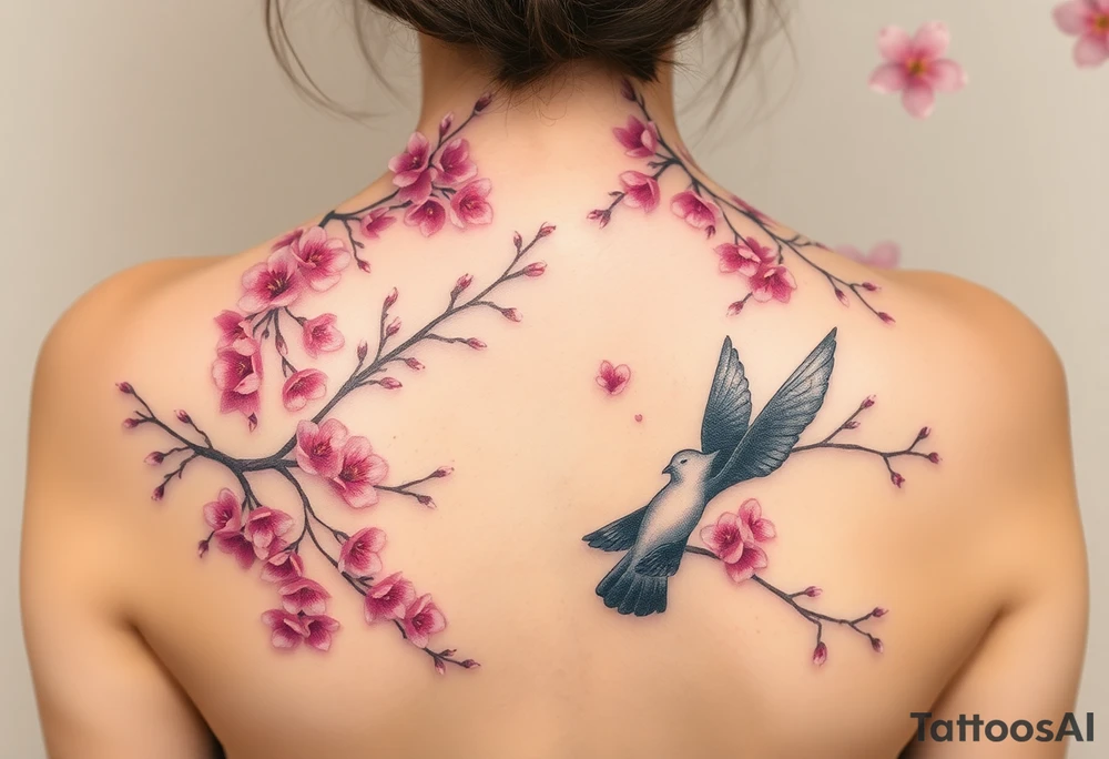 A big weeping, cherry blossom tree on the entire back, there are 2 doves. 1 is a baby Dove, flying into the sky. The second one is A Mom Dove hovering above the ground that’s turning black like she stained with grief. Goth romance 
These are the dates I want dainty in the heavily overflow of weeping cherry blossom branches and leaves March 31, 2024 – July 2, 2024 tattoo idea