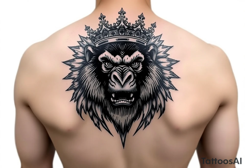 Powerful ape with crown and majestic features around it tattoo idea