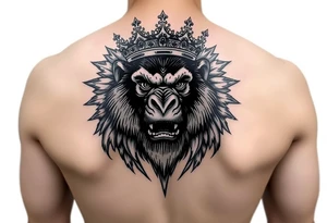 Powerful ape with crown and majestic features around it tattoo idea