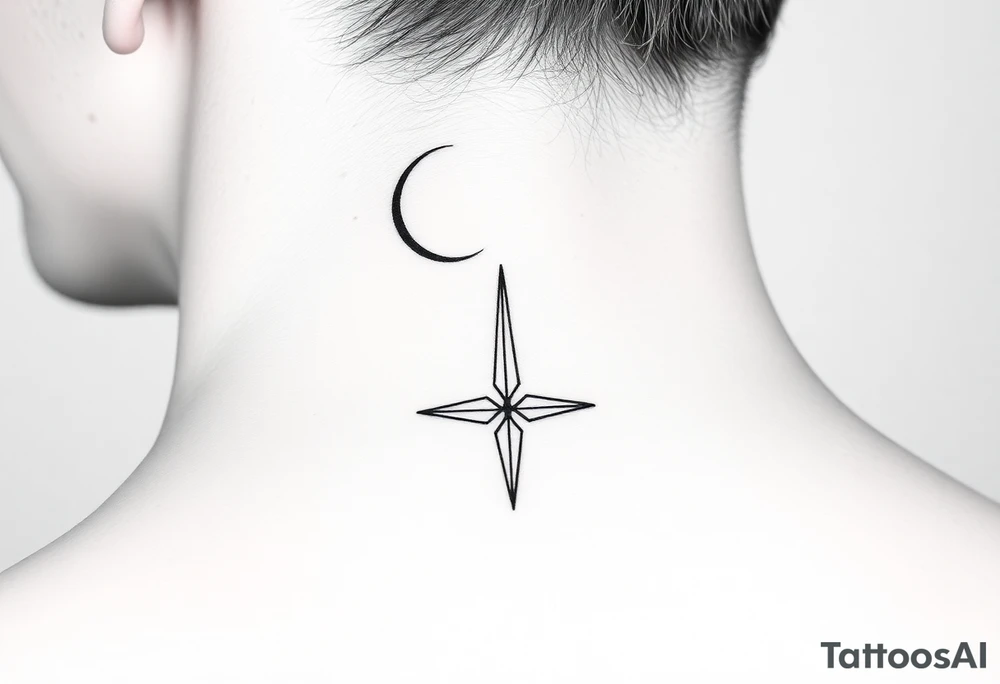 A minimalist crescent moon neck tattoo with a sleek, modern design. The crescent moon is positioned at the top, curving to the left, with a thin, clean line. Below the moon, there is a vertical line intersected by a sharp, star-like shape with four points. The star shape has elongated top and bottom points, giving it a clean, symmetrical look. The tattoo is placed behind the ear, following the natural curve of the neck. The lines are crisp and delicate, creating a stylish, celestial vibe." tattoo idea