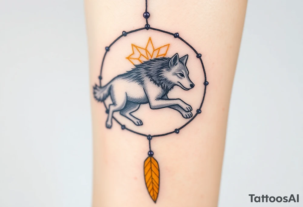 A wolf running through a dreamcatcher, with dreamcatcher threads trailing behind it, giving a sense of movement. The wolf is painted in silver and white, and the threads are in golden yellow and purple. tattoo idea