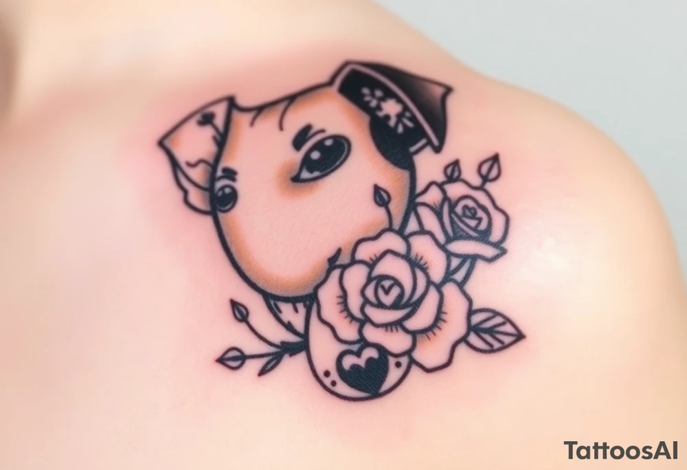 Cute female  large hound dog mix Brindle dog with the name kiwi . And a tiny rose around her . With her ears pointy a little big tattoo idea