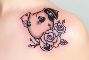 Cute female  large hound dog mix Brindle dog with the name kiwi . And a tiny rose around her . With her ears pointy a little big tattoo idea