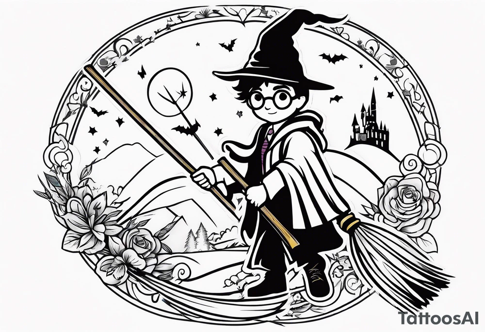 Harry potter tattoo with broom tattoo idea