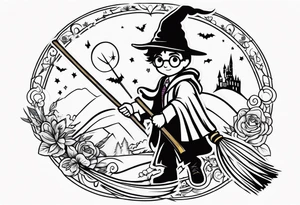 Harry potter tattoo with broom tattoo idea