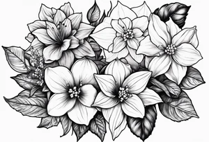 Hydrangea, Narcissus, Poinsettia, Holly, Gladiolus, Poppy, Daisy, Sweet Pea floral bouquet tattoo idea